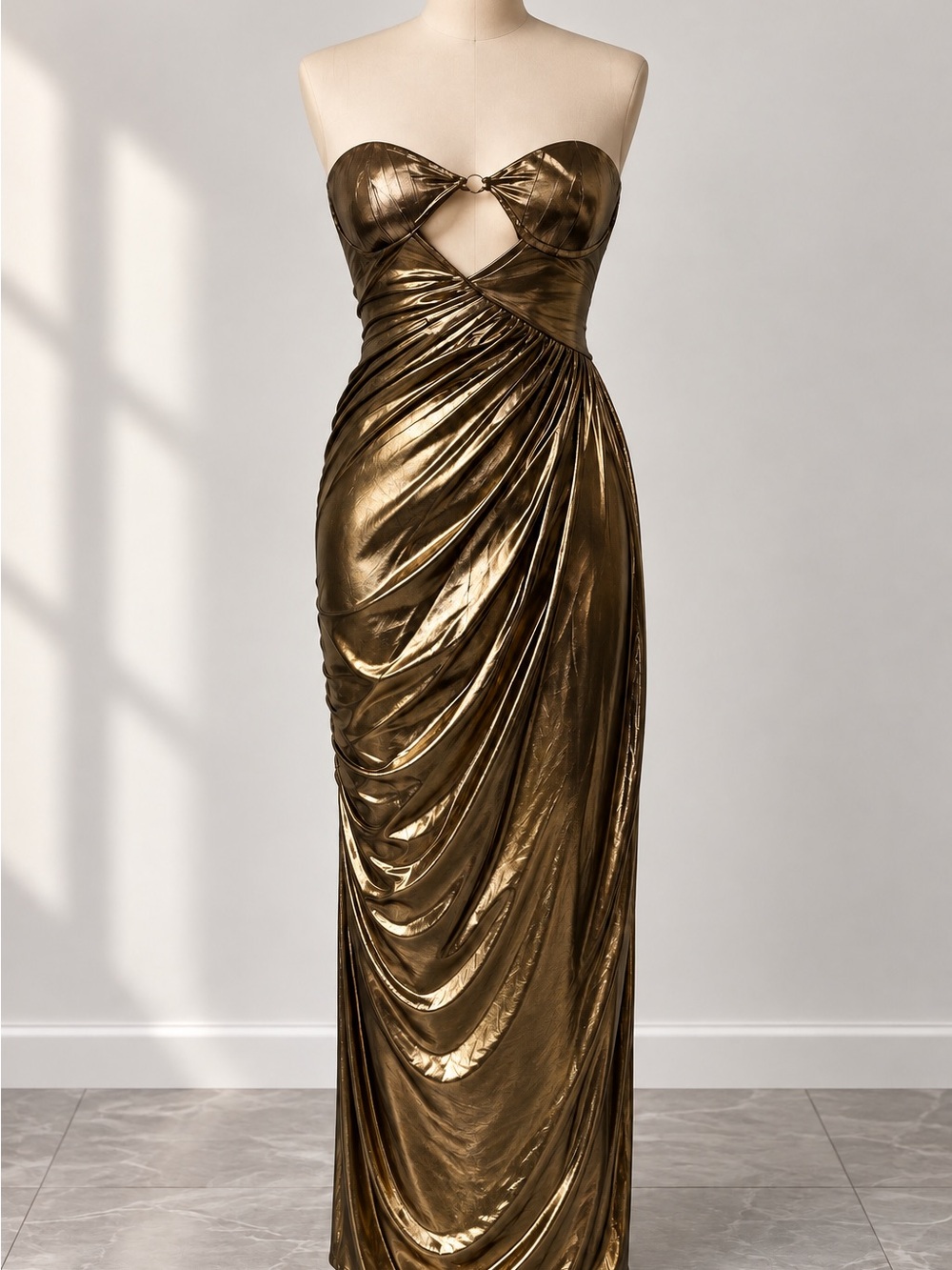 Metallic Gold Bustier Ruched Cutout Maxi Dress